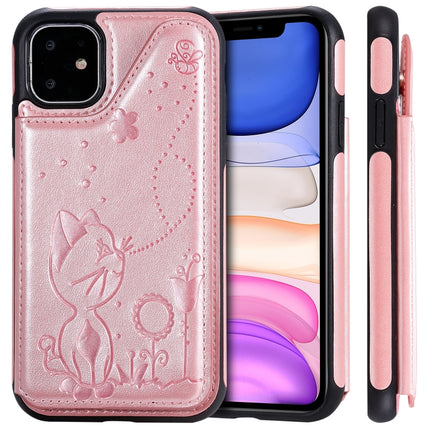 For iPhone 11 Cat Bee Embossing Pattern Shockproof Protective Case with Card Slots & Photo Frame(Rose Gold)-garmade.com