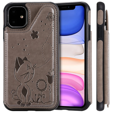 For iPhone 11 Cat Bee Embossing Pattern Shockproof Protective Case with Card Slots & Photo Frame(Grey)-garmade.com