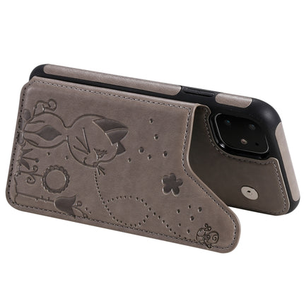 For iPhone 11 Cat Bee Embossing Pattern Shockproof Protective Case with Card Slots & Photo Frame(Grey)-garmade.com