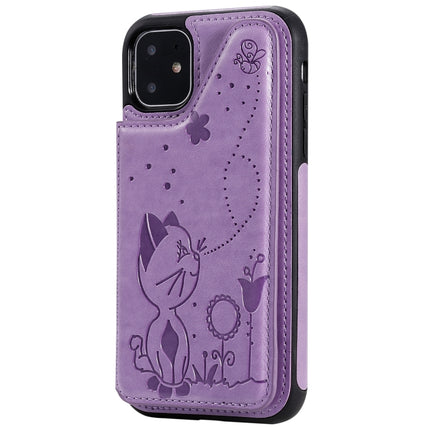 For iPhone 11 Cat Bee Embossing Pattern Shockproof Protective Case with Card Slots & Photo Frame(Purple)-garmade.com