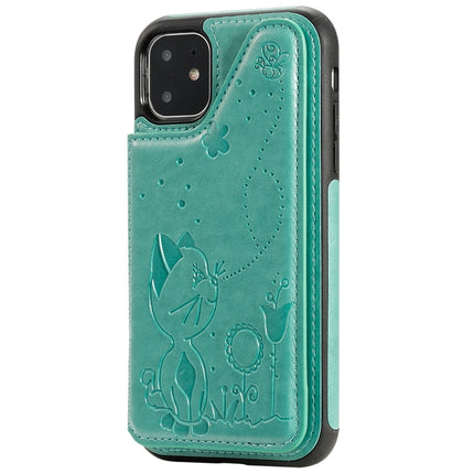 For iPhone 11 Cat Bee Embossing Pattern Shockproof Protective Case with Card Slots & Photo Frame(Green)-garmade.com