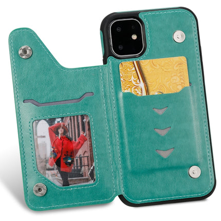 For iPhone 11 Cat Bee Embossing Pattern Shockproof Protective Case with Card Slots & Photo Frame(Green)-garmade.com