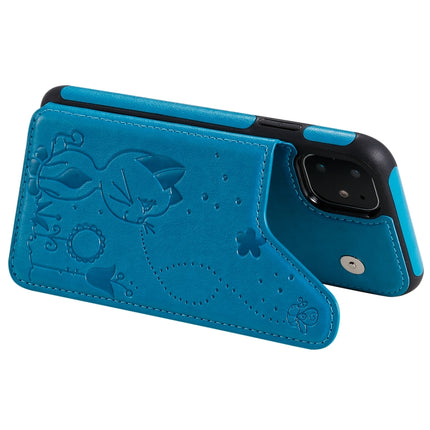 For iPhone 11 Cat Bee Embossing Pattern Shockproof Protective Case with Card Slots & Photo Frame(Blue)-garmade.com