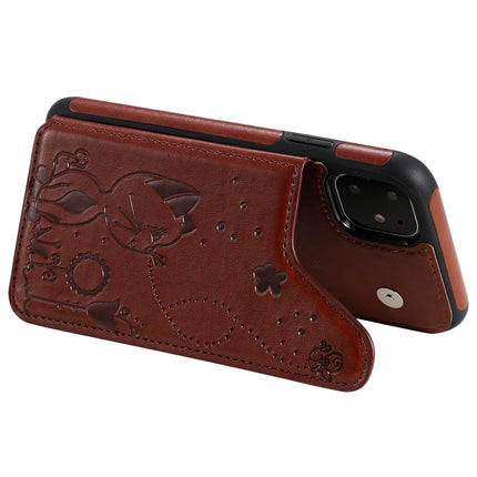For iPhone 11 Cat Bee Embossing Pattern Shockproof Protective Case with Card Slots & Photo Frame(Brown)-garmade.com