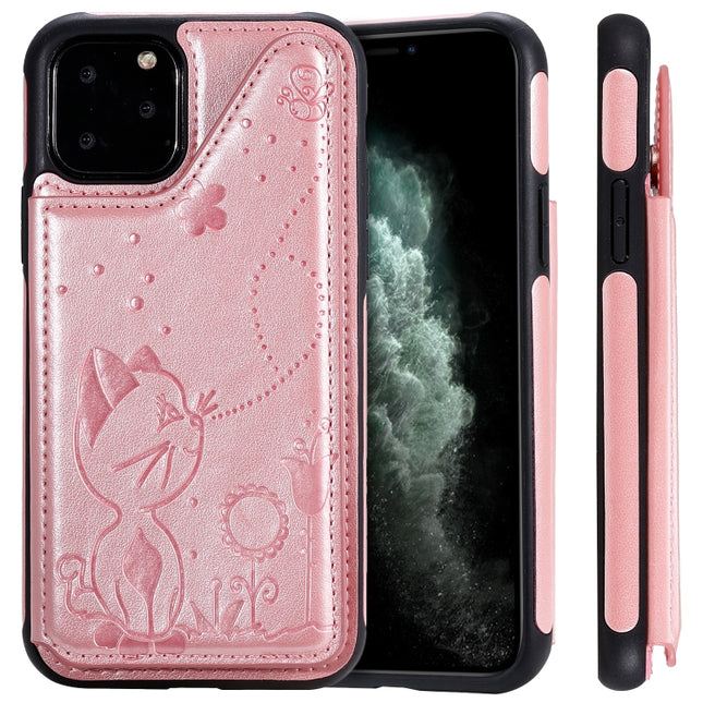 For iPhone 11 Pro Cat Bee Embossing Pattern Shockproof Protective Case with Card Slots & Photo Frame(Rose Gold)-garmade.com