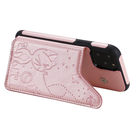 For iPhone 11 Pro Cat Bee Embossing Pattern Shockproof Protective Case with Card Slots & Photo Frame(Rose Gold)-garmade.com
