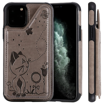 For iPhone 11 Pro Cat Bee Embossing Pattern Shockproof Protective Case with Card Slots & Photo Frame(Grey)-garmade.com