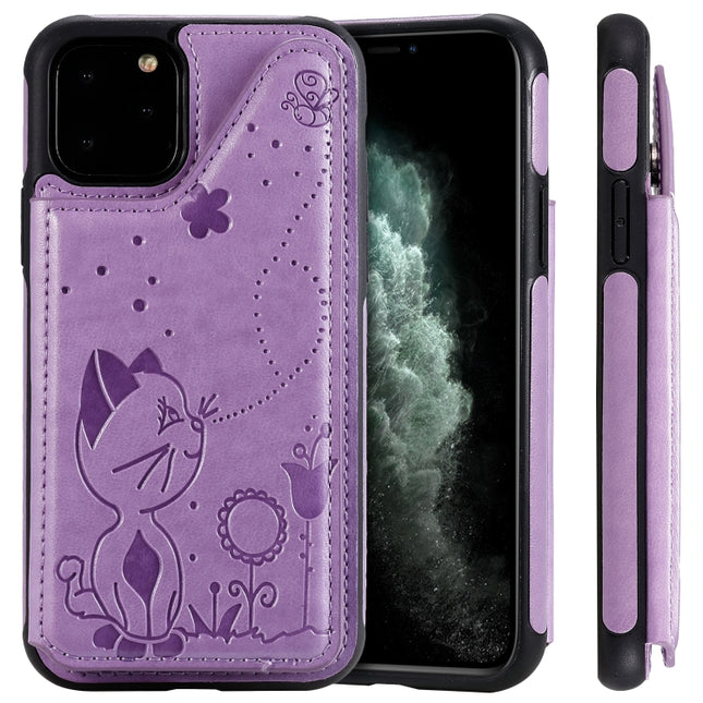 For iPhone 11 Pro Cat Bee Embossing Pattern Shockproof Protective Case with Card Slots & Photo Frame(Purple)-garmade.com