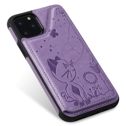 For iPhone 11 Pro Cat Bee Embossing Pattern Shockproof Protective Case with Card Slots & Photo Frame(Purple)-garmade.com