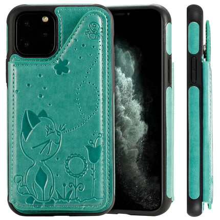 For iPhone 11 Pro Cat Bee Embossing Pattern Shockproof Protective Case with Card Slots & Photo Frame(Green)-garmade.com