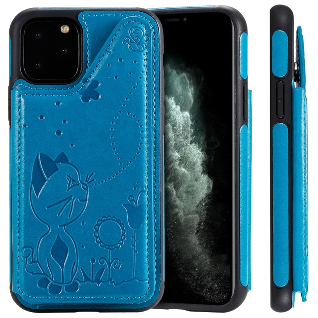 For iPhone 11 Pro Cat Bee Embossing Pattern Shockproof Protective Case with Card Slots & Photo Frame(Blue)-garmade.com