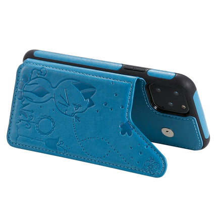 For iPhone 11 Pro Cat Bee Embossing Pattern Shockproof Protective Case with Card Slots & Photo Frame(Blue)-garmade.com