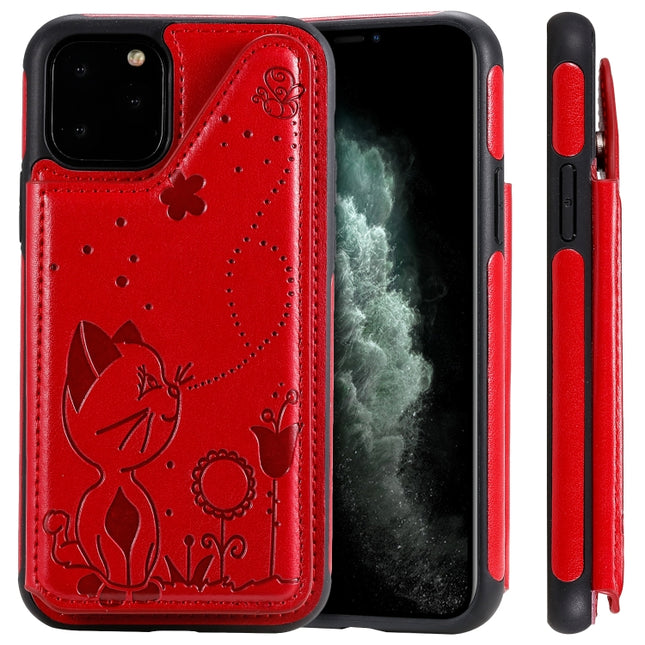 For iPhone 11 Pro Cat Bee Embossing Pattern Shockproof Protective Case with Card Slots & Photo Frame(Red)-garmade.com