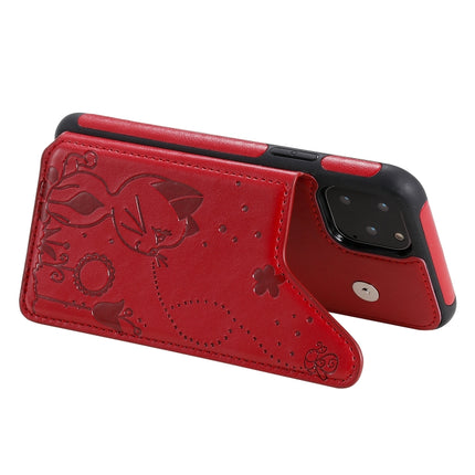 For iPhone 11 Pro Cat Bee Embossing Pattern Shockproof Protective Case with Card Slots & Photo Frame(Red)-garmade.com