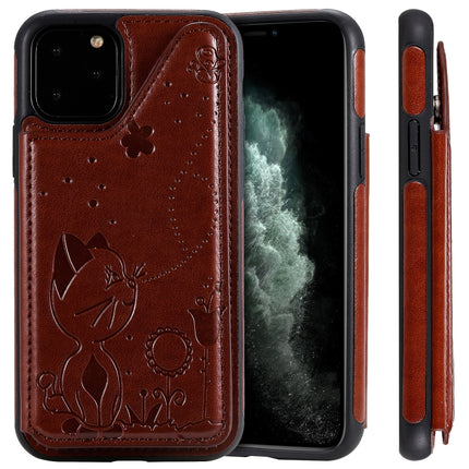 For iPhone 11 Pro Cat Bee Embossing Pattern Shockproof Protective Case with Card Slots & Photo Frame(Brown)-garmade.com