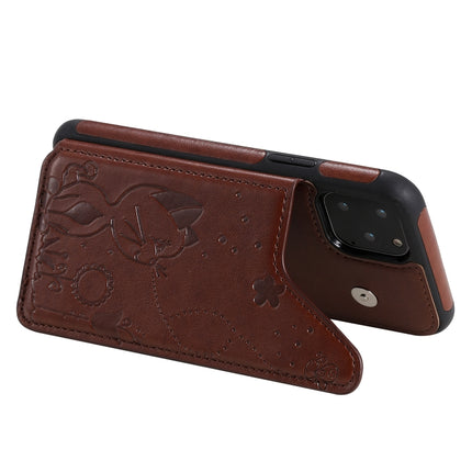 For iPhone 11 Pro Cat Bee Embossing Pattern Shockproof Protective Case with Card Slots & Photo Frame(Brown)-garmade.com