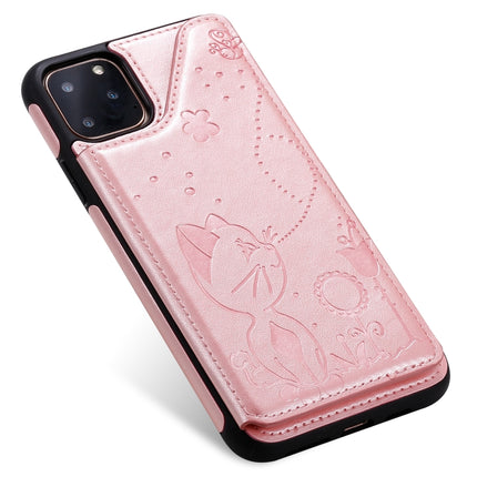 For iPhone 11 Pro Max Cat Bee Embossing Pattern Shockproof Protective Case with Card Slots & Photo Frame(Rose Gold)-garmade.com