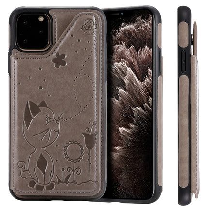 For iPhone 11 Pro Max Cat Bee Embossing Pattern Shockproof Protective Case with Card Slots & Photo Frame(Grey)-garmade.com