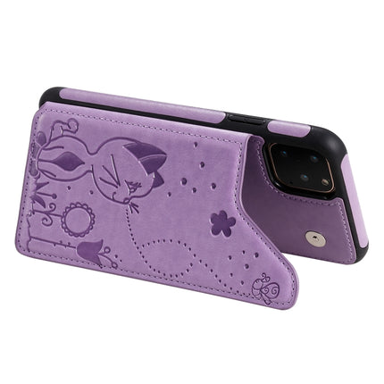 For iPhone 11 Pro Max Cat Bee Embossing Pattern Shockproof Protective Case with Card Slots & Photo Frame(Purple)-garmade.com