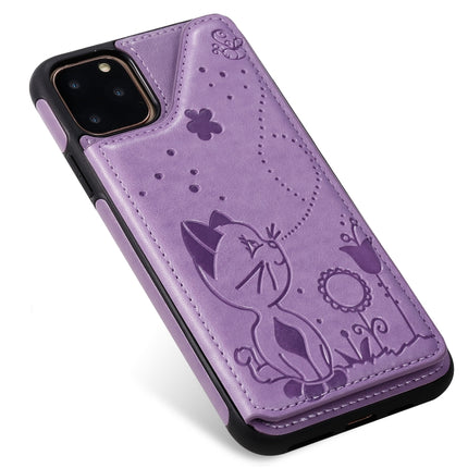For iPhone 11 Pro Max Cat Bee Embossing Pattern Shockproof Protective Case with Card Slots & Photo Frame(Purple)-garmade.com