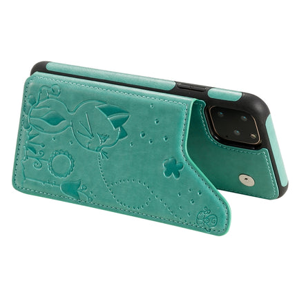 For iPhone 11 Pro Max Cat Bee Embossing Pattern Shockproof Protective Case with Card Slots & Photo Frame(Green)-garmade.com