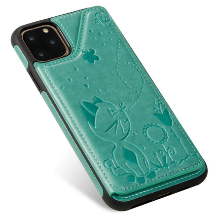 For iPhone 11 Pro Max Cat Bee Embossing Pattern Shockproof Protective Case with Card Slots & Photo Frame(Green)-garmade.com