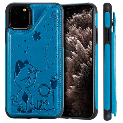 For iPhone 11 Pro Max Cat Bee Embossing Pattern Shockproof Protective Case with Card Slots & Photo Frame(Blue)-garmade.com