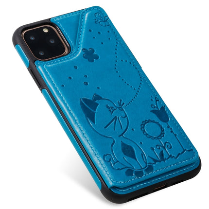 For iPhone 11 Pro Max Cat Bee Embossing Pattern Shockproof Protective Case with Card Slots & Photo Frame(Blue)-garmade.com