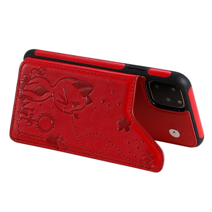 For iPhone 11 Pro Max Cat Bee Embossing Pattern Shockproof Protective Case with Card Slots & Photo Frame(Red)-garmade.com