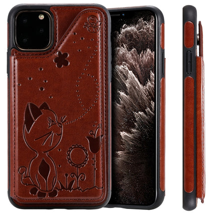 For iPhone 11 Pro Max Cat Bee Embossing Pattern Shockproof Protective Case with Card Slots & Photo Frame(Brown)-garmade.com