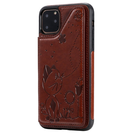 For iPhone 11 Pro Max Cat Bee Embossing Pattern Shockproof Protective Case with Card Slots & Photo Frame(Brown)-garmade.com