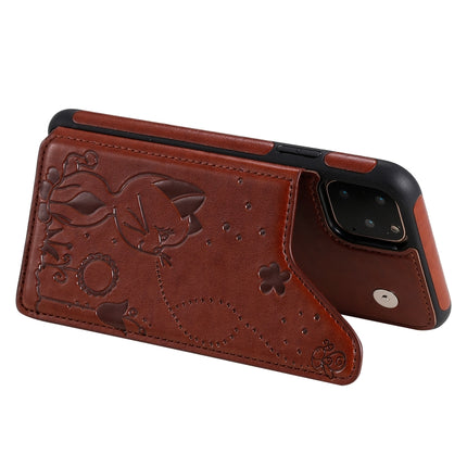 For iPhone 11 Pro Max Cat Bee Embossing Pattern Shockproof Protective Case with Card Slots & Photo Frame(Brown)-garmade.com