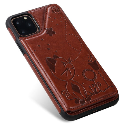 For iPhone 11 Pro Max Cat Bee Embossing Pattern Shockproof Protective Case with Card Slots & Photo Frame(Brown)-garmade.com