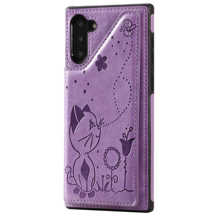 For Galaxy Note 10 Cat Bee Embossing Pattern Shockproof Protective Case with Card Slots & Photo Frame(Purple)-garmade.com