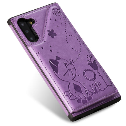 For Galaxy Note 10 Cat Bee Embossing Pattern Shockproof Protective Case with Card Slots & Photo Frame(Purple)-garmade.com