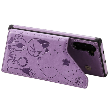 For Galaxy Note 10 Cat Bee Embossing Pattern Shockproof Protective Case with Card Slots & Photo Frame(Purple)-garmade.com