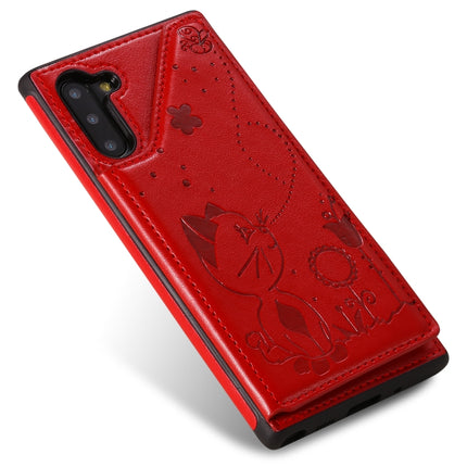 For Galaxy Note 10 Cat Bee Embossing Pattern Shockproof Protective Case with Card Slots & Photo Frame(Red)-garmade.com