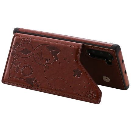For Galaxy Note 10 Cat Bee Embossing Pattern Shockproof Protective Case with Card Slots & Photo Frame(Brown)-garmade.com