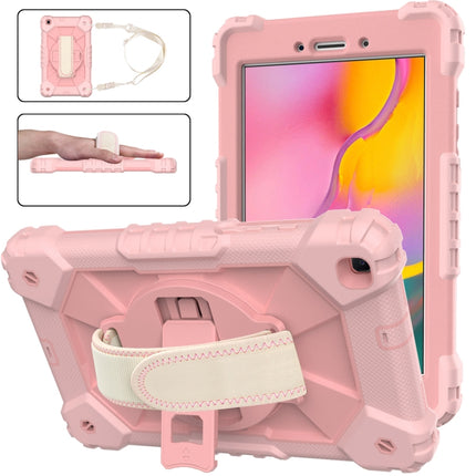 For Samsung Galaxy Tab A 8.0 (2019)T290/T295 Contrast Color Robot Shockproof Silicon + PC Protective Case with Holder & Shoulder Strap(Rose Gold)-garmade.com