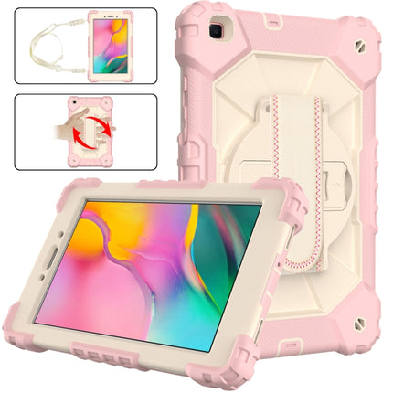 For Samsung Galaxy Tab A 8.0 (2019)T290/T295 Contrast Color Robot Shockproof Silicon + PC Protective Case with Holder & Shoulder Strap(Rose Gold+Beige)-garmade.com