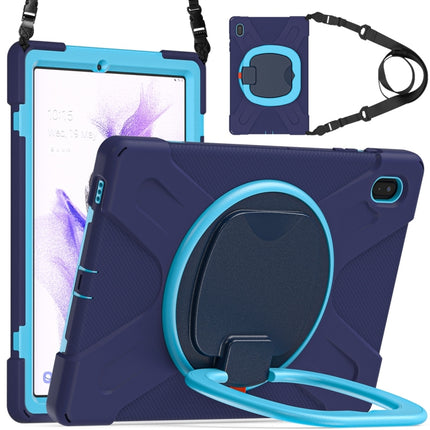 For Samsung Galaxy Tab S7 FE T730 Silicone + PC Protective Case with Holder & Shoulder Strap(Navy Blue + Blue)-garmade.com