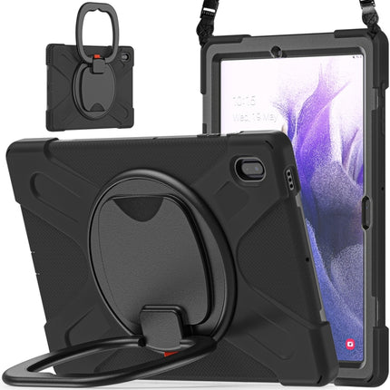 For Samsung Galaxy Tab S7 FE T730 Silicone + PC Protective Case with Holder & Shoulder Strap(Black+Black)-garmade.com