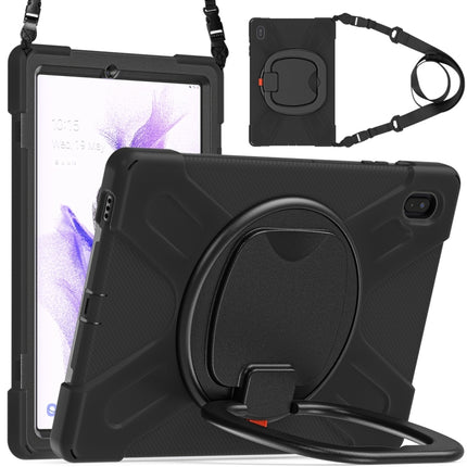 For Samsung Galaxy Tab S7 FE T730 Silicone + PC Protective Case with Holder & Shoulder Strap(Black+Black)-garmade.com