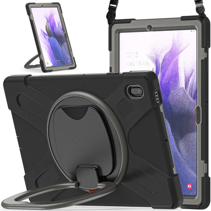 For Samsung Galaxy Tab S7 FE T730 Silicone + PC Protective Case with Holder & Shoulder Strap(Black+Grey)-garmade.com