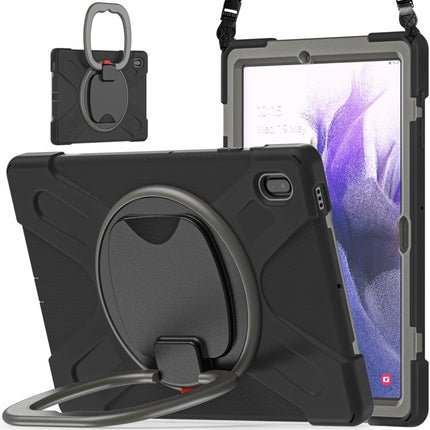 For Samsung Galaxy Tab S7 FE T730 Silicone + PC Protective Case with Holder & Shoulder Strap(Black+Grey)-garmade.com