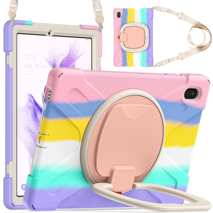 For Samsung Galaxy Tab S7 FE T730 Silicone + PC Protective Case with Holder & Shoulder Strap(Colorful Pink)-garmade.com