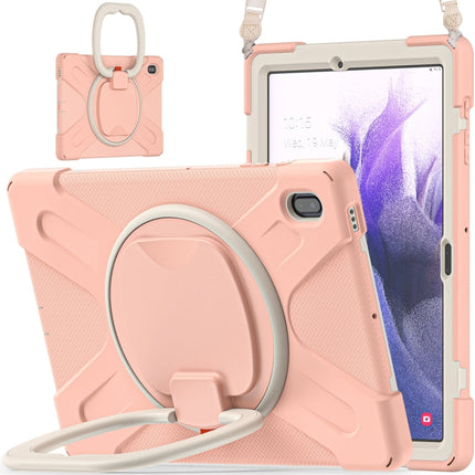For Samsung Galaxy Tab S7 FE T730 Silicone + PC Protective Case with Holder & Shoulder Strap(Rose Gold)-garmade.com