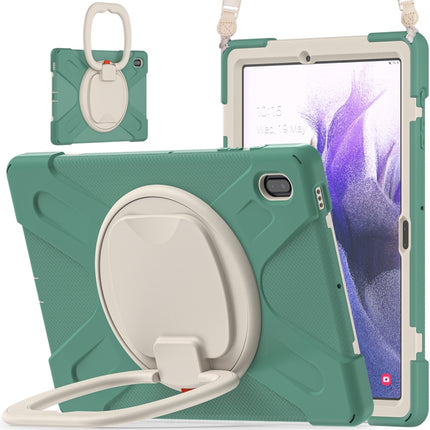 For Samsung Galaxy Tab S7 FE T730 Silicone + PC Protective Case with Holder & Shoulder Strap(Emerald Green)-garmade.com