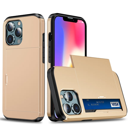 Shockproof Armor Protective Case with Slide Card Slot For iPhone 13 mini(Gold)-garmade.com