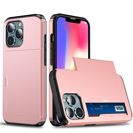 Shockproof Armor Protective Case with Slide Card Slot For iPhone 13 mini(Rose Gold)-garmade.com